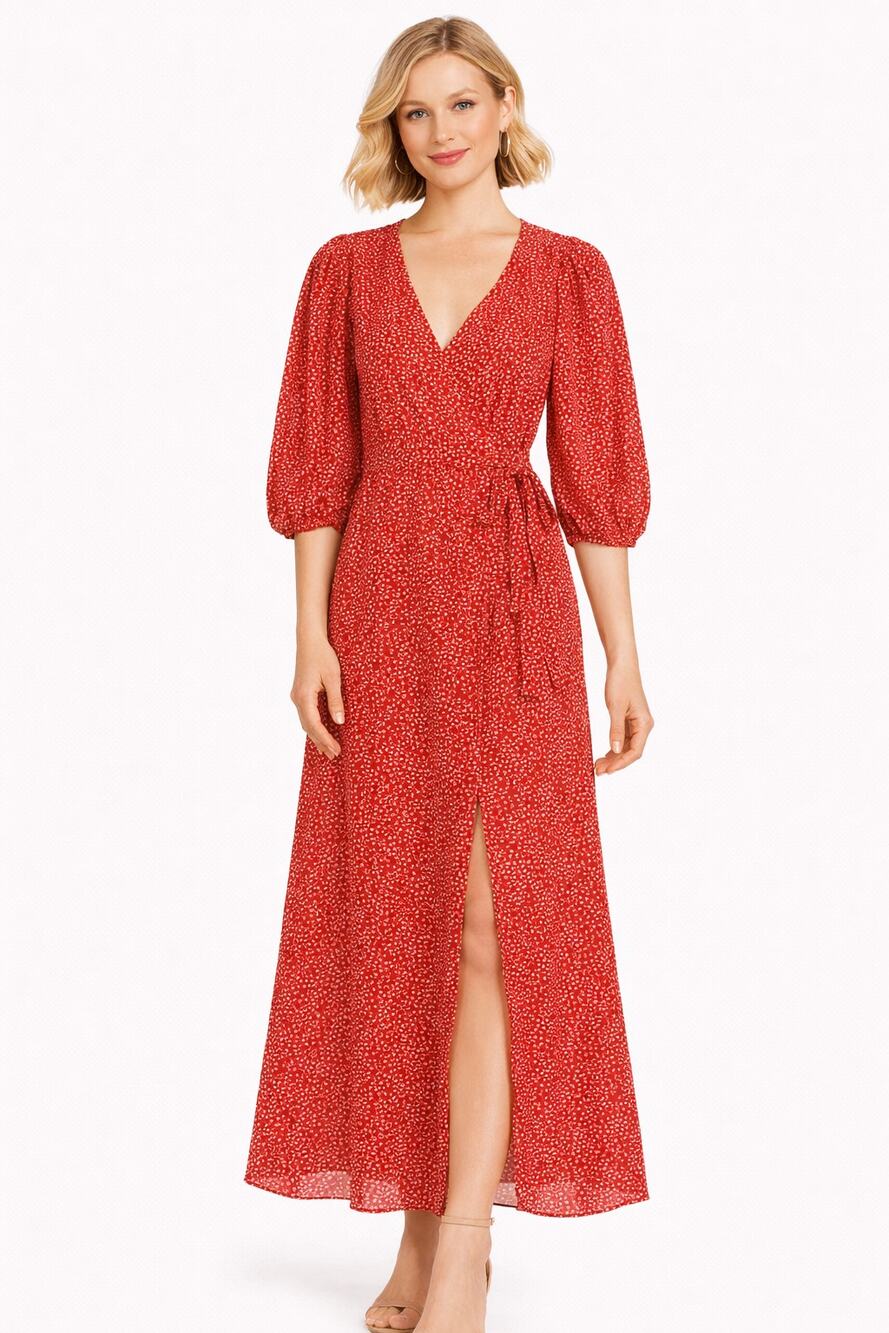 Glamorous Maxi Wrap Dress Womens Size 2 Red Ditsy Floral Balloon Sleeves